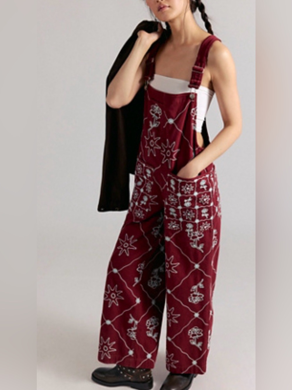 Free People We the Free Rising Sun Embroidered Overalls in Russet Brown